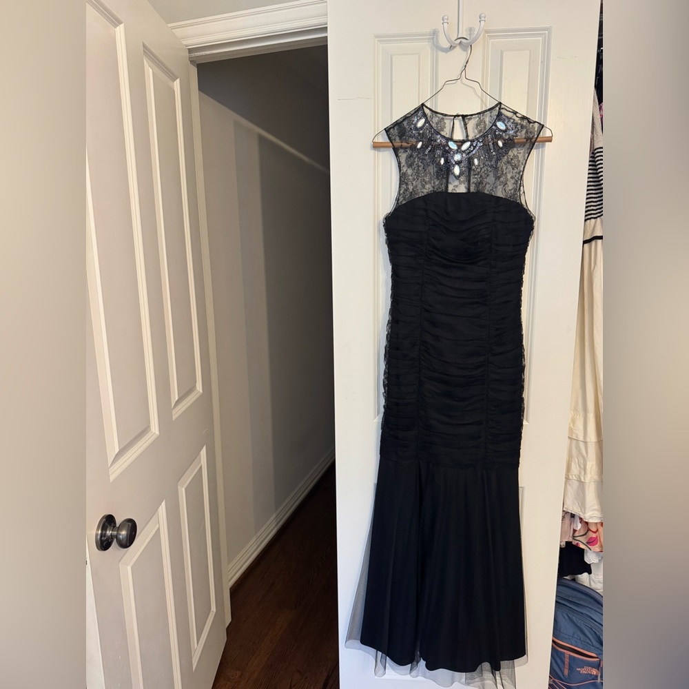 Adrianna Papell Black Maxi Dress with Sheer Neckline